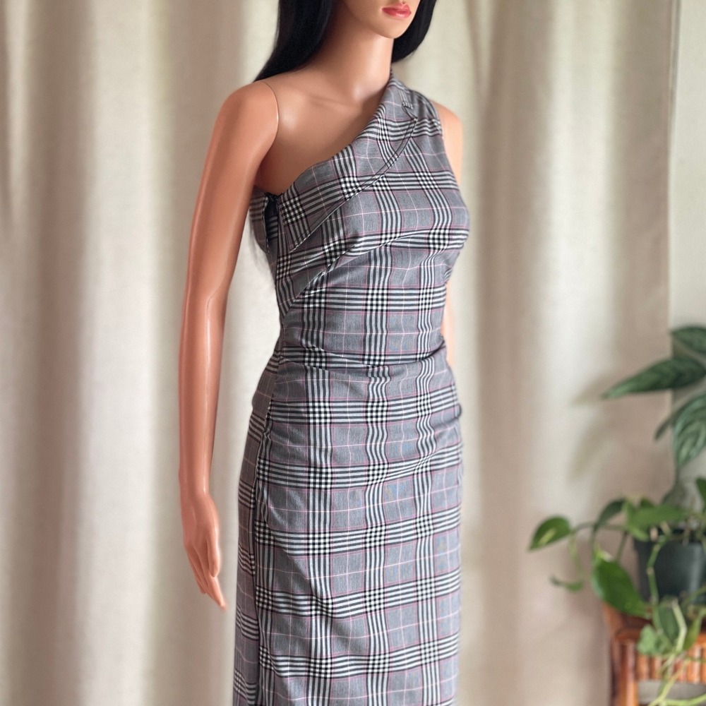 NWOT Maeve Anthropologie Gray Plaid One Shoulder Asymmetrical Midi Dress Size 0